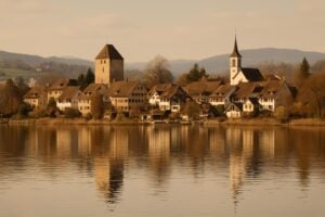 Blick über den Greifensee auf das Städtli Greifensee im Bezirk Uster