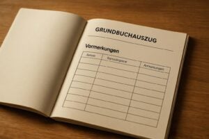 Grundbuchauszug einer Liegenschaft im Kanton Zürich, aufgeschlagen auf der Seite mit den Vormerkungen