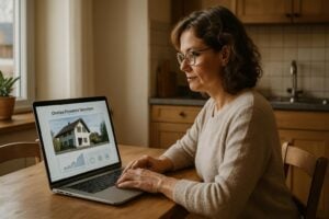Eigentümerin am Küchentisch vor dem Laptop mit der Online-Immobilienbewertung ihrer Liegenschaft